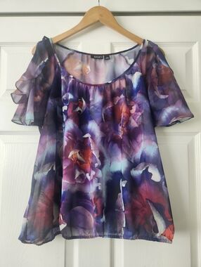 a.n.a Purple Floral Cold-Shoulder Chiffon Blouse - Women's 1X